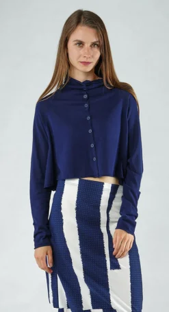 Rundholz Black Label Cardigans^PRE-ORDER - Cropped Lightweight Cardigan in Malibu Navy (Pictured in Navy Offwhite)