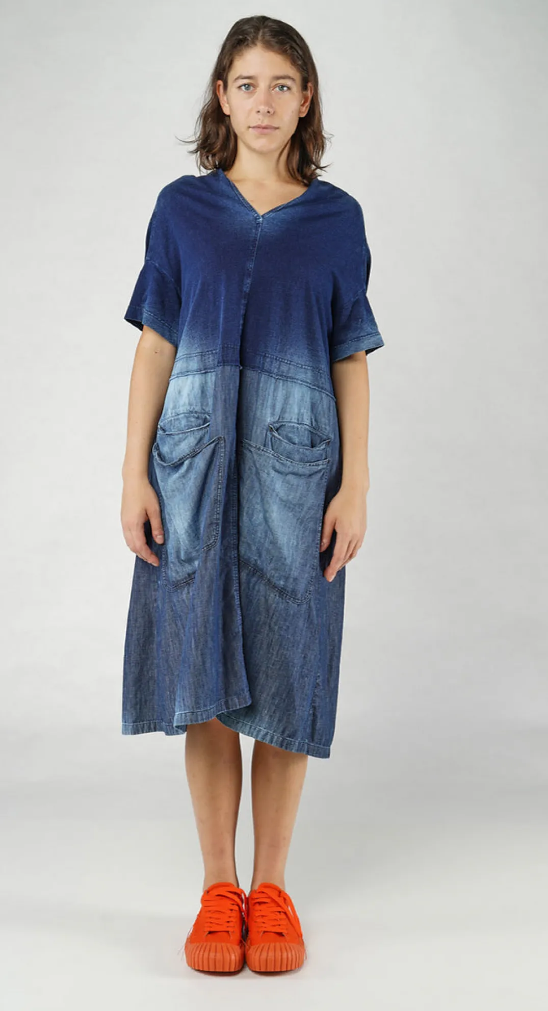 Rundholz Dip Dresses^PRE-ORDER - Denim Dress with Overlapping Pleat Detail in Mandarine Dye (Pictured in Stonewash)