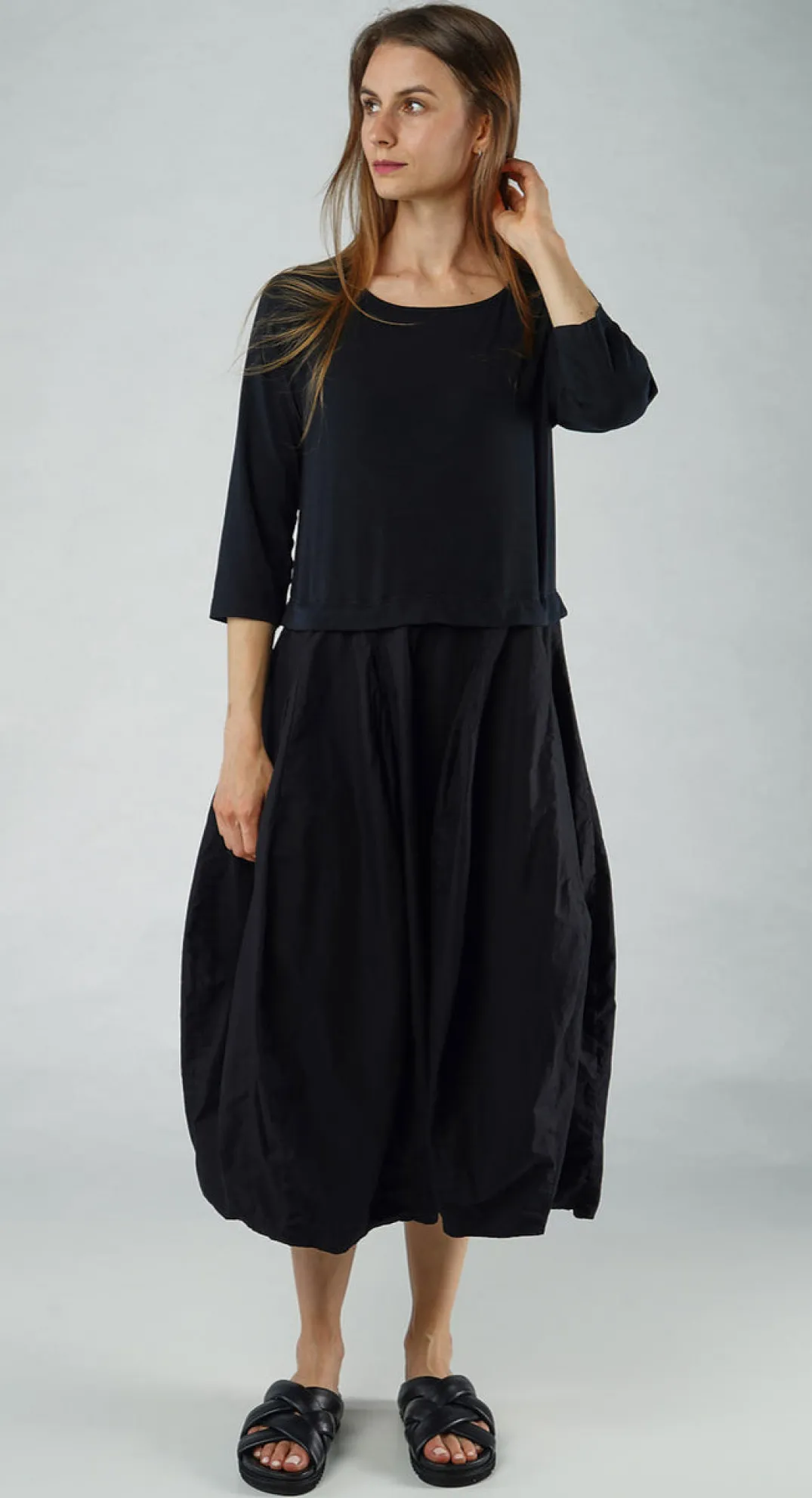 Rundholz Black Label Dresses^PRE-ORDER - Dual Fabric Tulip Hem Dress in Malibu (Pictured in Black)