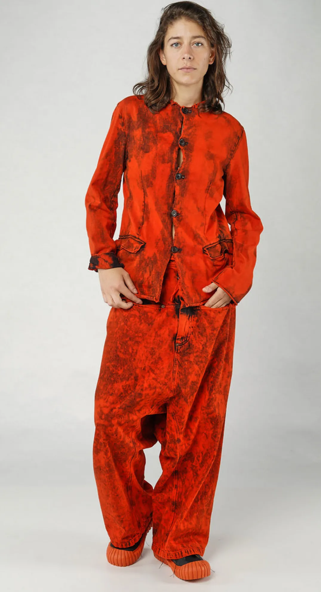 Rundholz Dip Jackets^PRE-ORDER - Extreme Drop-Crotch Baggy Jeans with Wide Patch Pockets in Bleachwash (Pictured in Mandarine Dye)
