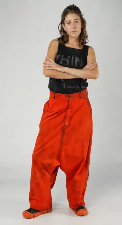 Rundholz Dip Trousers^PRE-ORDER - High-Waisted Drop-Crotch Printed Jeans in Bleachwash (Pictured in Mandarine)