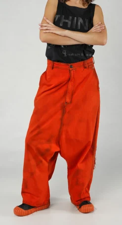Rundholz Dip Trousers^PRE-ORDER - High-Waisted Drop-Crotch Printed Jeans in Stonewash (Pictured in Mandarine)