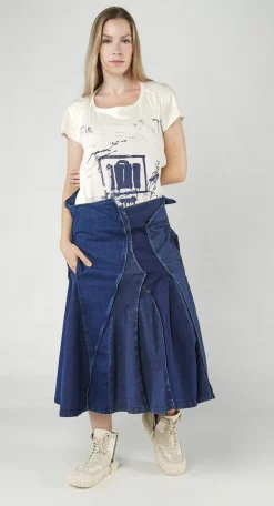 Rundholz Dip Skirts^PRE-ORDER - Panelled Denim Skirt in Mandarine Dye (Pictured in Stonewash)