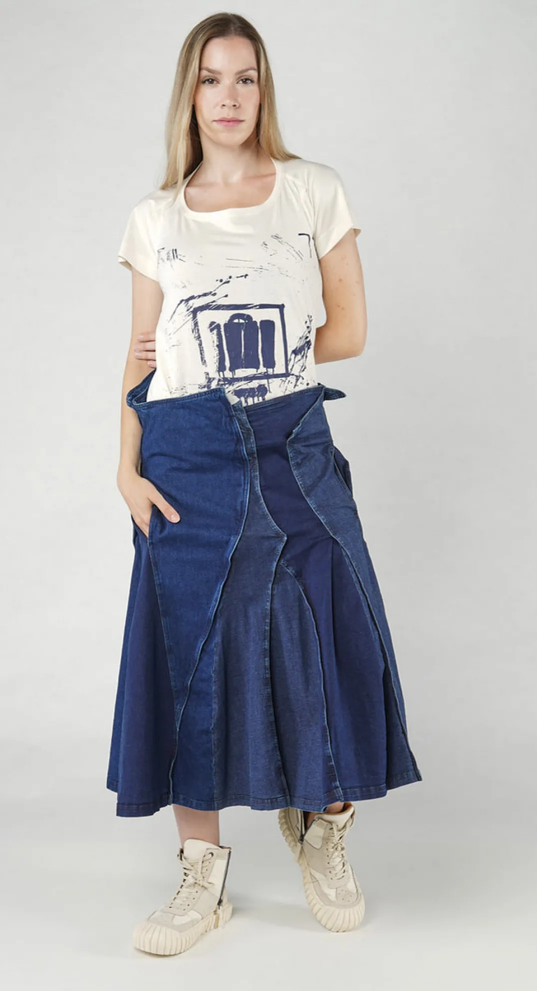 Rundholz Dip Skirts^PRE-ORDER - Panelled Denim Skirt in Mandarine Dye (Pictured in Stonewash)