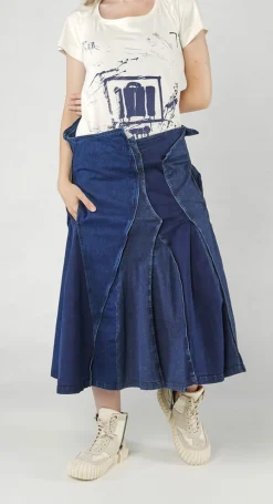 Rundholz Dip Skirts^PRE-ORDER - Panelled Denim Skirt in Mandarine Dye (Pictured in Stonewash)