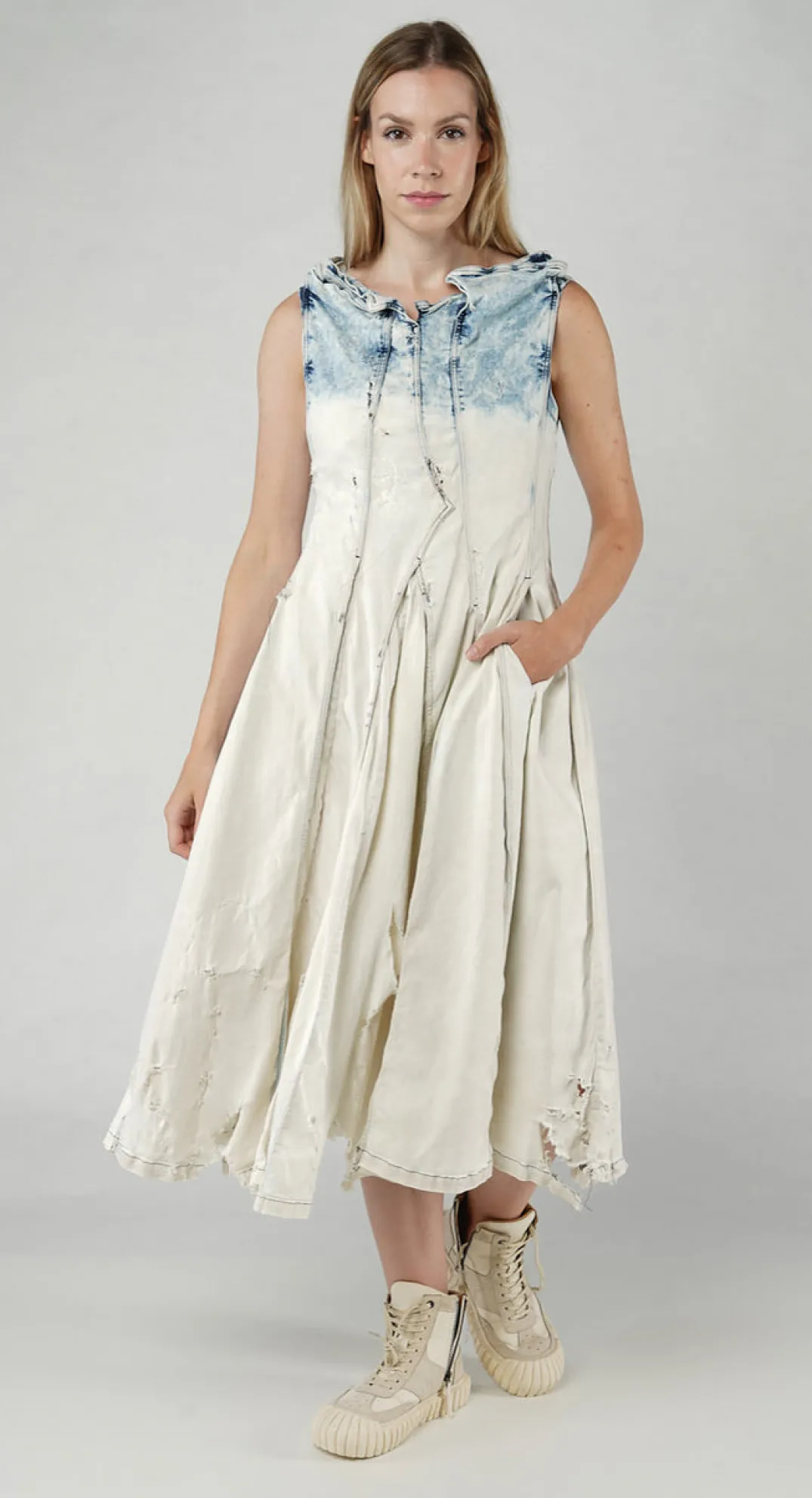 Rundholz Dip Dresses^PRE-ORDER - Panelled Denim Dress in Mandarine Dye (Pictured in Bleachwash)
