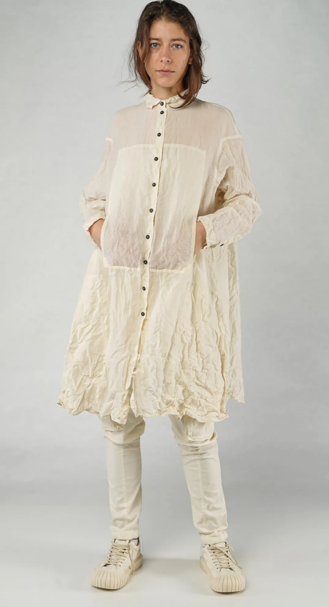 Rundholz Dip Dresses^PRE-ORDER - Sheer Crinkled Shirt Dress in Semi Bleach Paper (Pictured in Greige Paper)