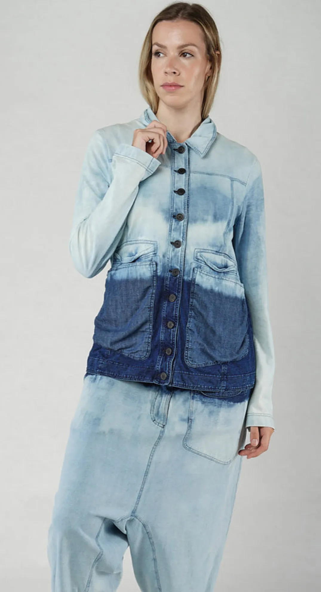 Rundholz Dip Jackets^PRE-ORDER - Tailored Denim Jacket with Contrast Stitching in Mandarine Dye (Pictured in Stonewash)