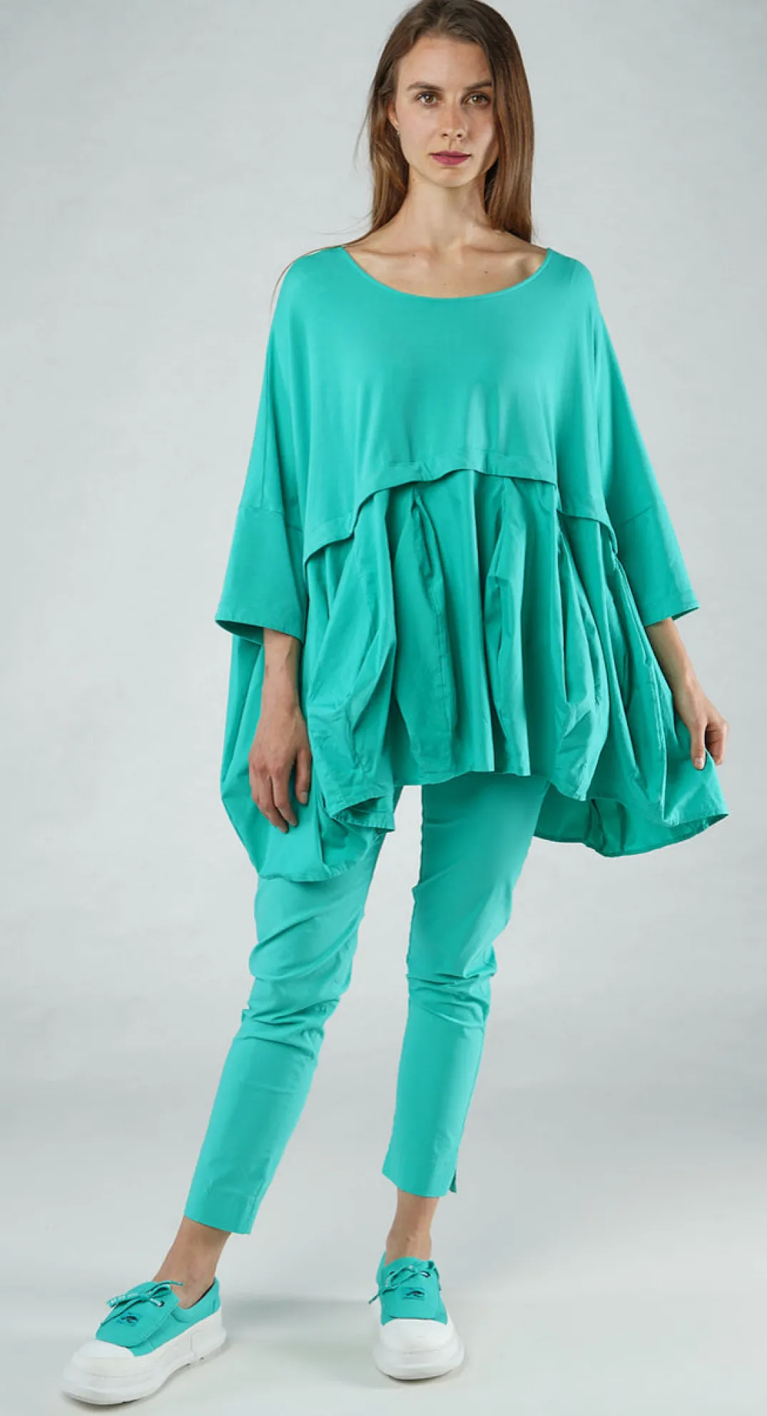 Rundholz Black Label Tops^PRE-ORDER - Top with Tulip Peplum Hem in Black (Pictured in Aqua)