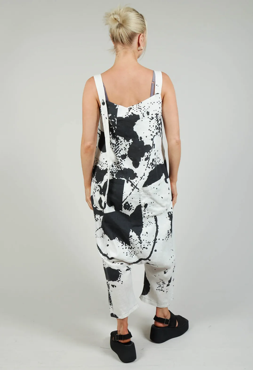 Bize Jumpsuits^Print Linen Dungarees in Original White