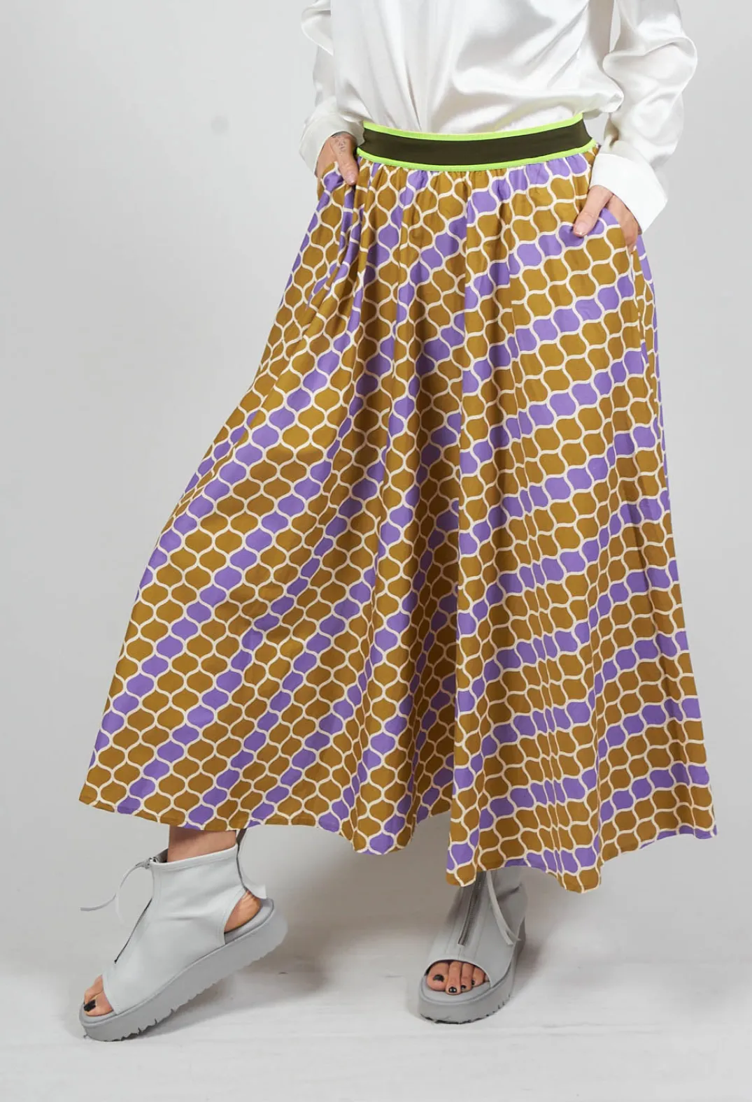 Niù Skirts^Printed Midi Skirt with Contrast Waistband in Lilla