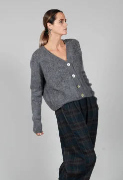 Amici Jumpers^Ribbed V Neck Buttoned Sweater in Ash Grey