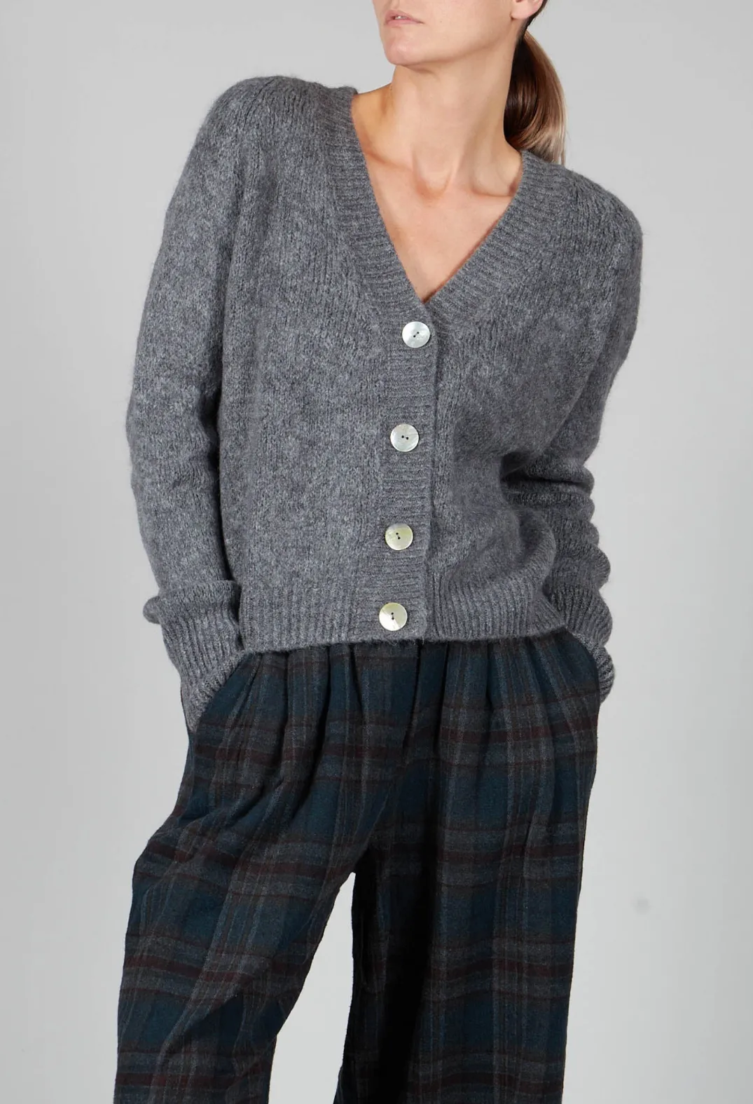 Amici Jumpers^Ribbed V Neck Buttoned Sweater in Ash Grey