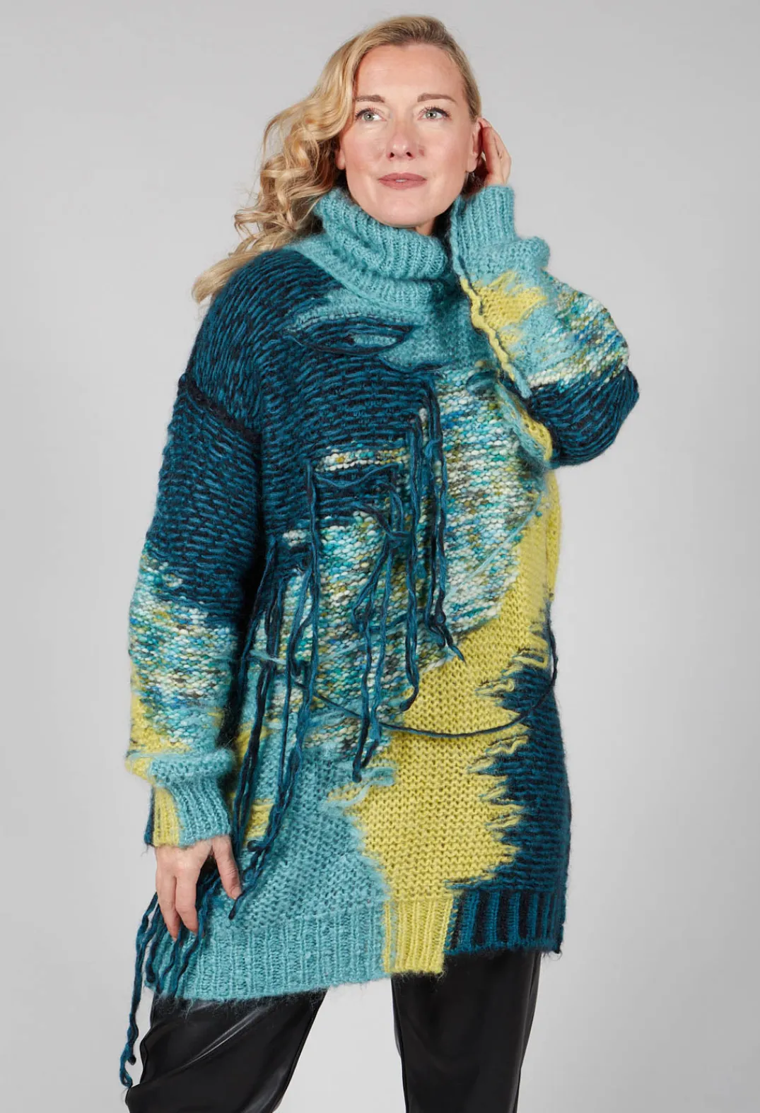 Isabel Benenato Tops^Roll Neck Jumper with Fringe Detail in Turquoise