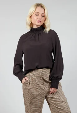Beatrice B Shirts & Blouses^Ruffled Silk Blend Blouse in Espresso Brown