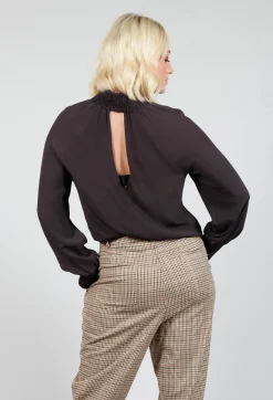 Beatrice B Shirts & Blouses^Ruffled Silk Blend Blouse in Espresso Brown