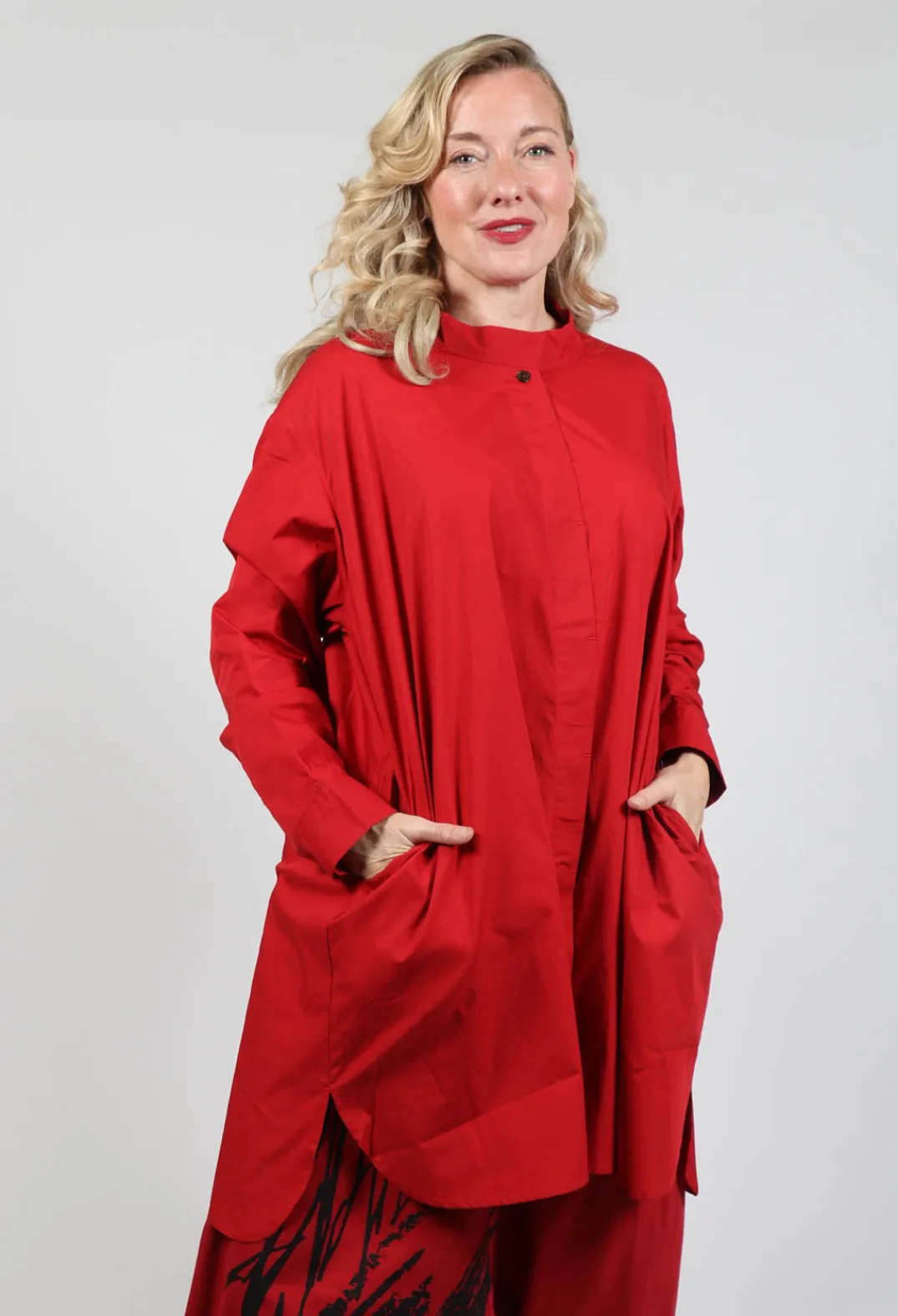 Moyuru Tops^Shirt Dress with Stand Collar in Red