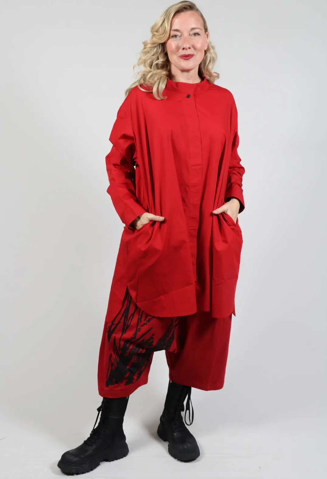 Moyuru Tops^Shirt Dress with Stand Collar in Red