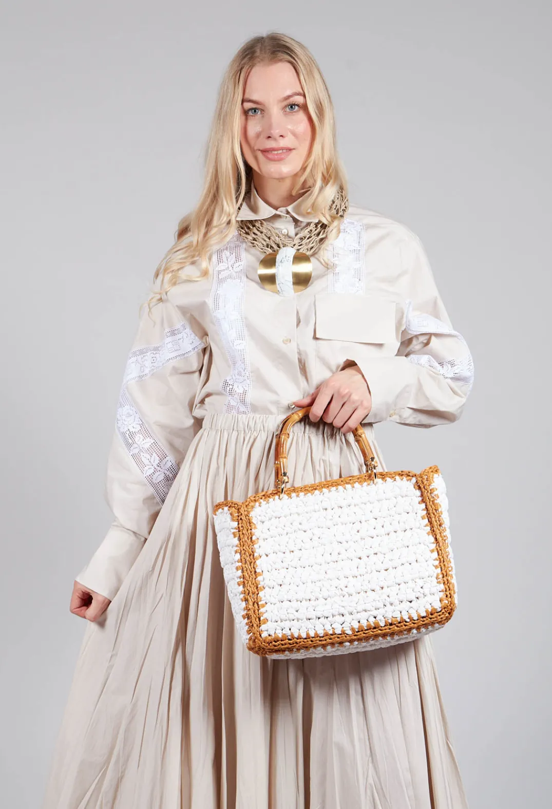 Beatrice B Skirts^Shirt with Lace Inserts in Dune