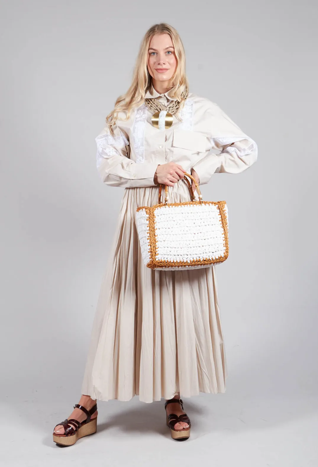 Beatrice B Skirts^Shirt with Lace Inserts in Dune