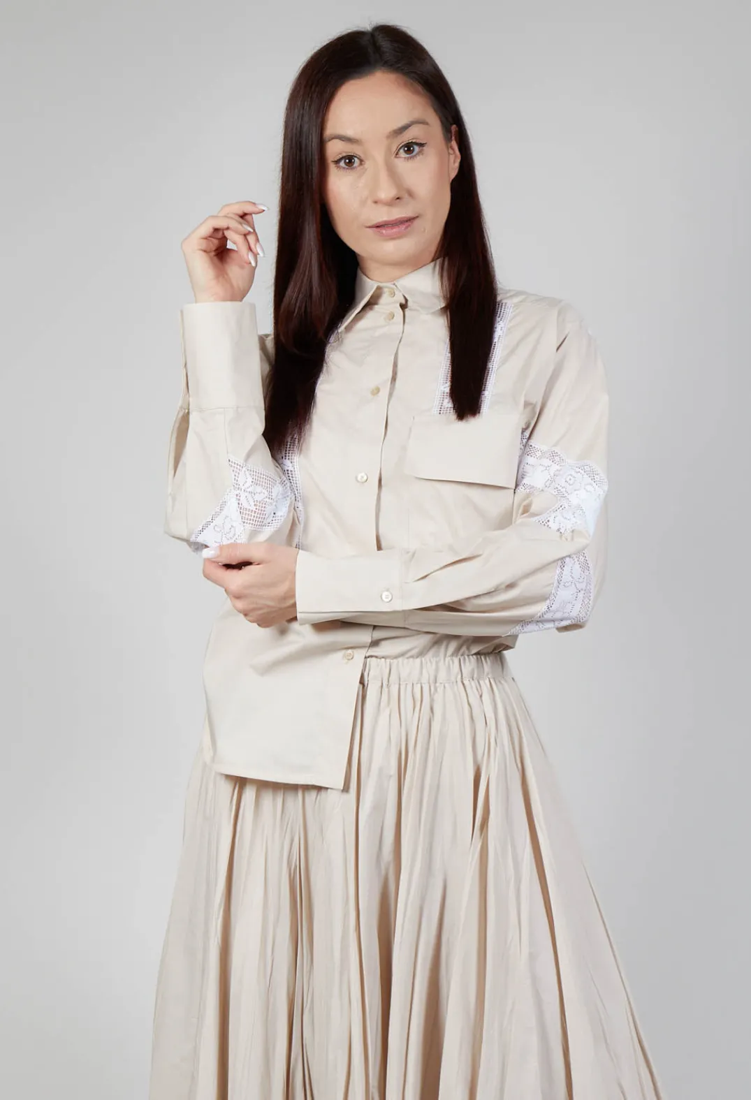 Beatrice B Skirts^Shirt with Lace Inserts in Dune