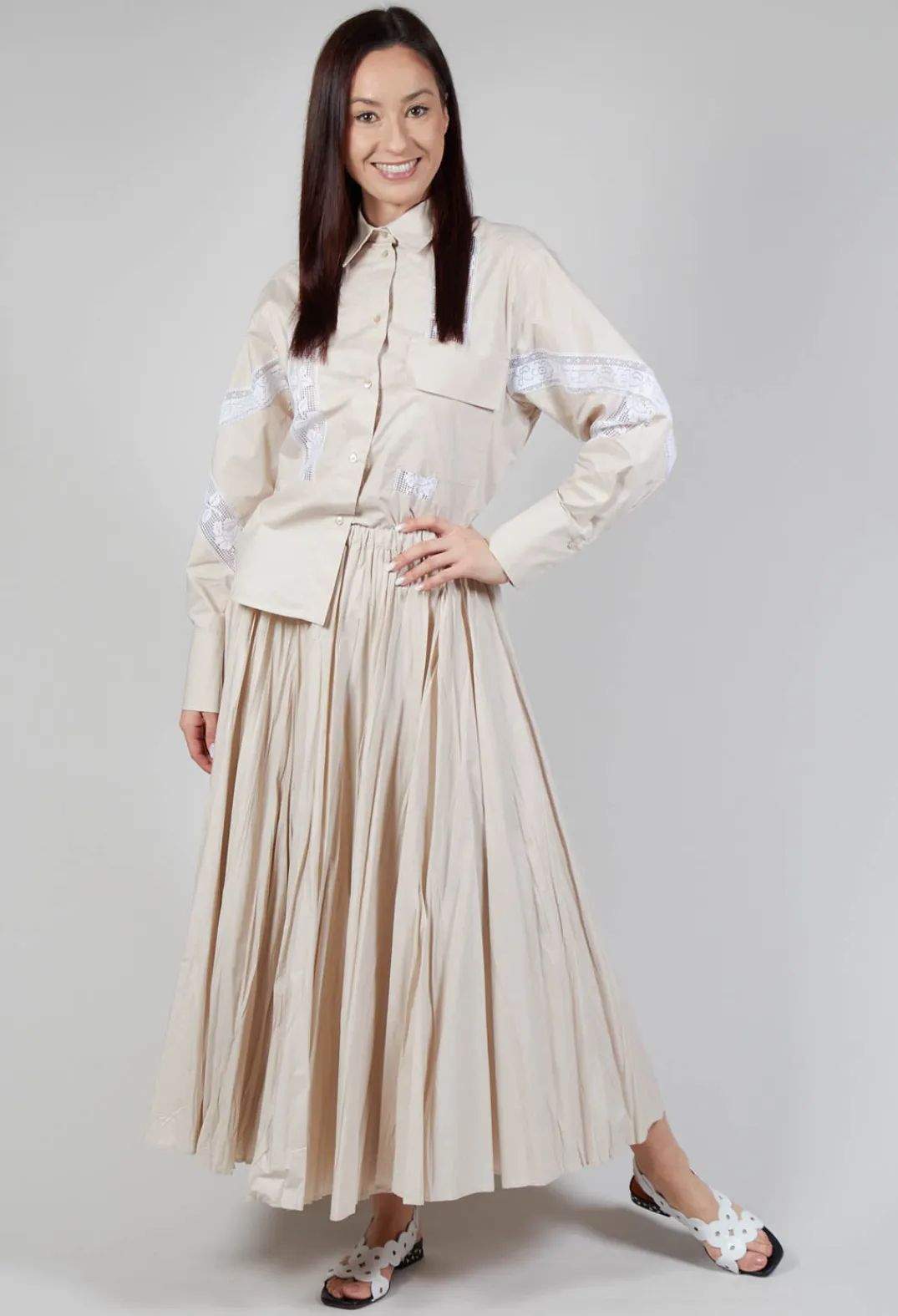 Beatrice B Skirts^Shirt with Lace Inserts in Dune
