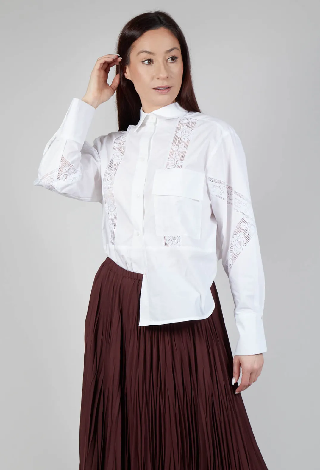 Beatrice B Skirts^Shirt with Lace Inserts in White