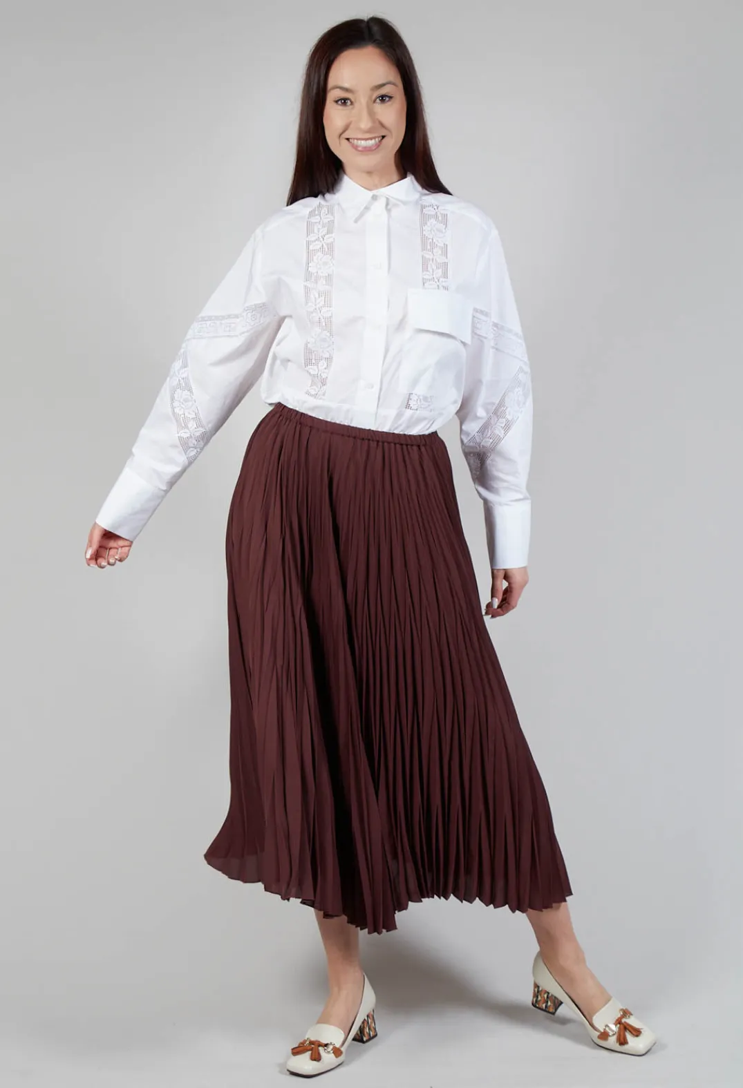 Beatrice B Skirts^Shirt with Lace Inserts in White
