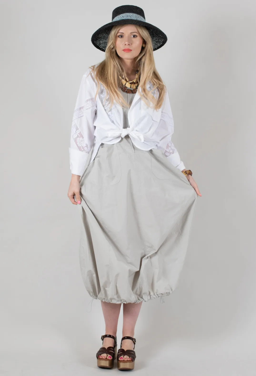 Beatrice B Skirts^Shirt with Lace Inserts in White