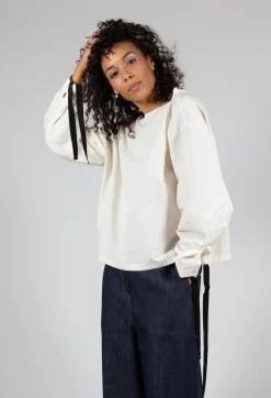 SOH Shirts & Blouses^Short Blouse with Ribbon Tie Neck in Ivory