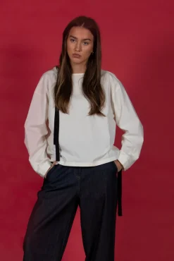 SOH Shirts & Blouses^Short Blouse with Ribbon Tie Neck in Ivory
