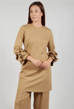 Mei Meij Dresses^Short Shift Dress with Embellished Sleeves in Camel