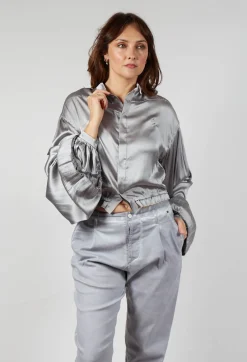 Umit Unal Shirts & Blouses^Silk Grey Short Shirt with Contrasting Back