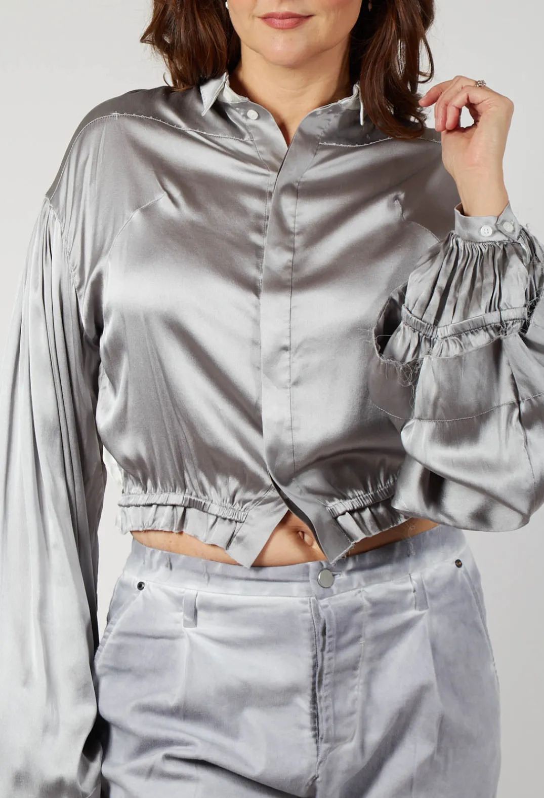 Umit Unal Shirts & Blouses^Silk Grey Short Shirt with Contrasting Back