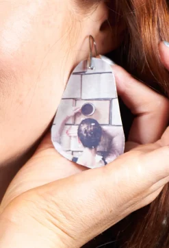 Italian Earrings^Silver Metal Eardrops with Coffee Image Detail