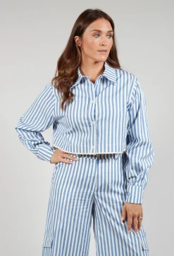 Beatrice B Shirts & Blouses^Striped Cropped Shirt in Hokusai Blue