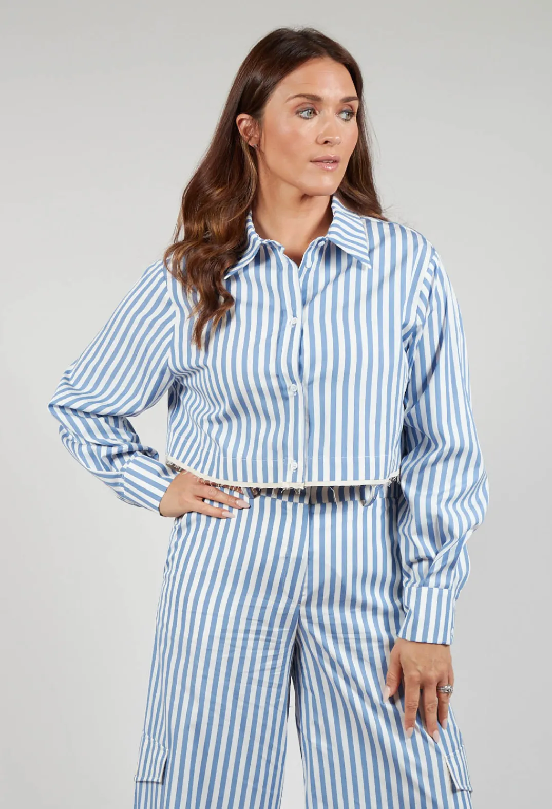 Beatrice B Shirts & Blouses^Striped Cropped Shirt in Hokusai Blue