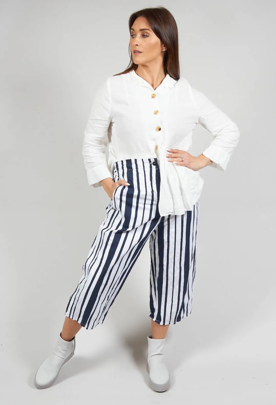 Hannoh Wessel Co-ords & Suits^Striped Cropped Style - Casual Trousers in White