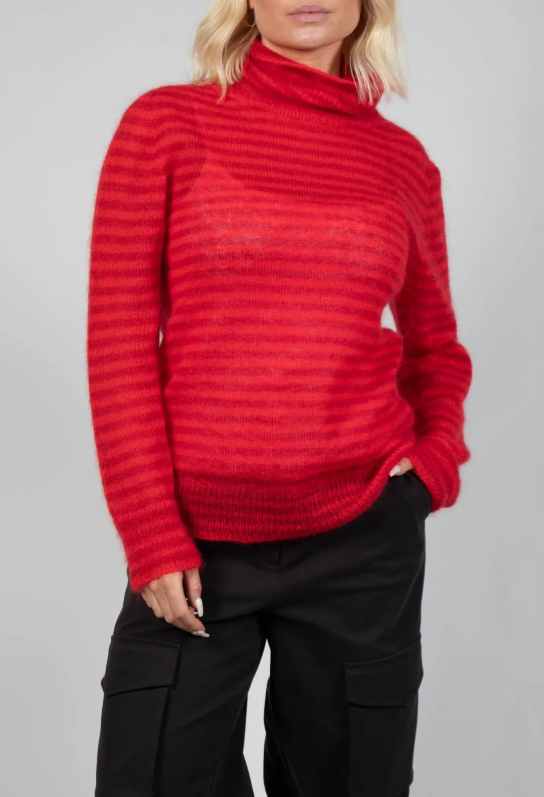 Sfizio Knitwear|Jumpers^Striped Turtleneck Sweater in Adrenaline Red