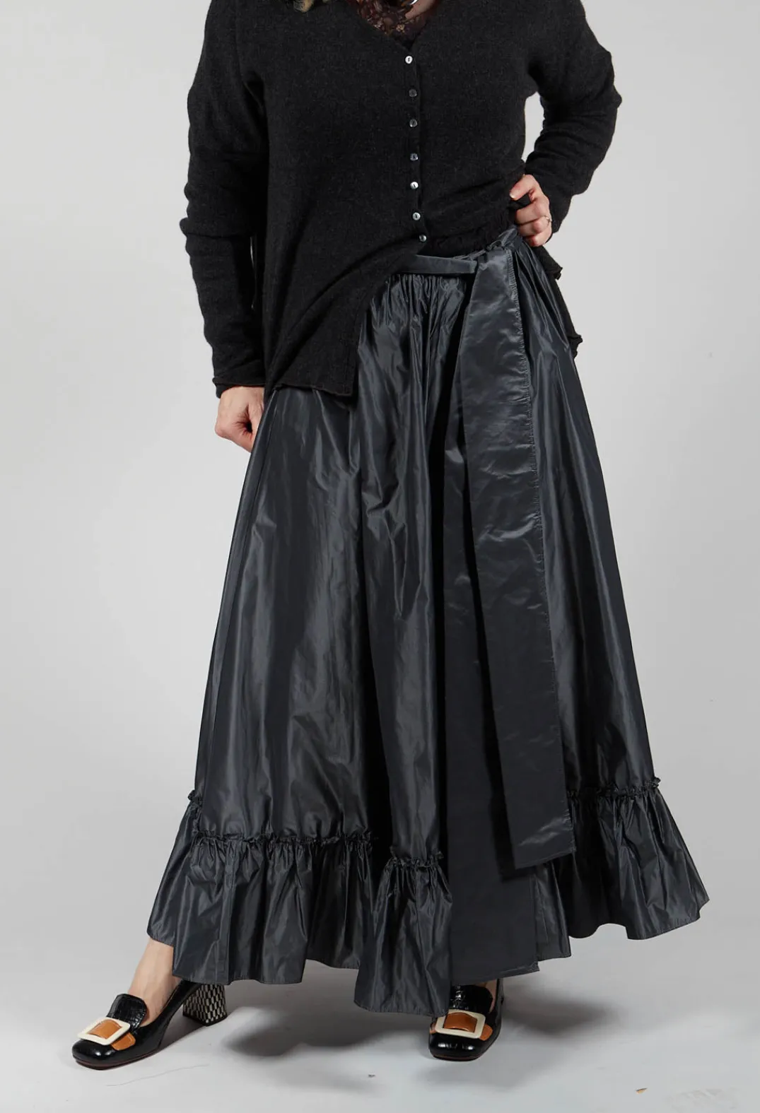 Beatrice B Skirts^Taffeta Frill Hem Skirt in Obsidian Grey