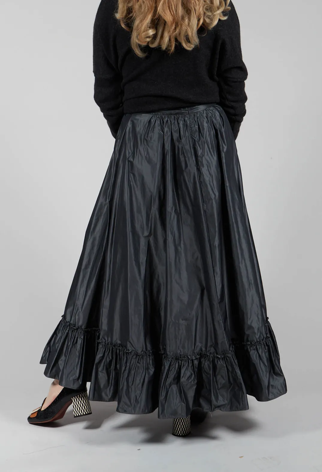 Beatrice B Skirts^Taffeta Frill Hem Skirt in Obsidian Grey