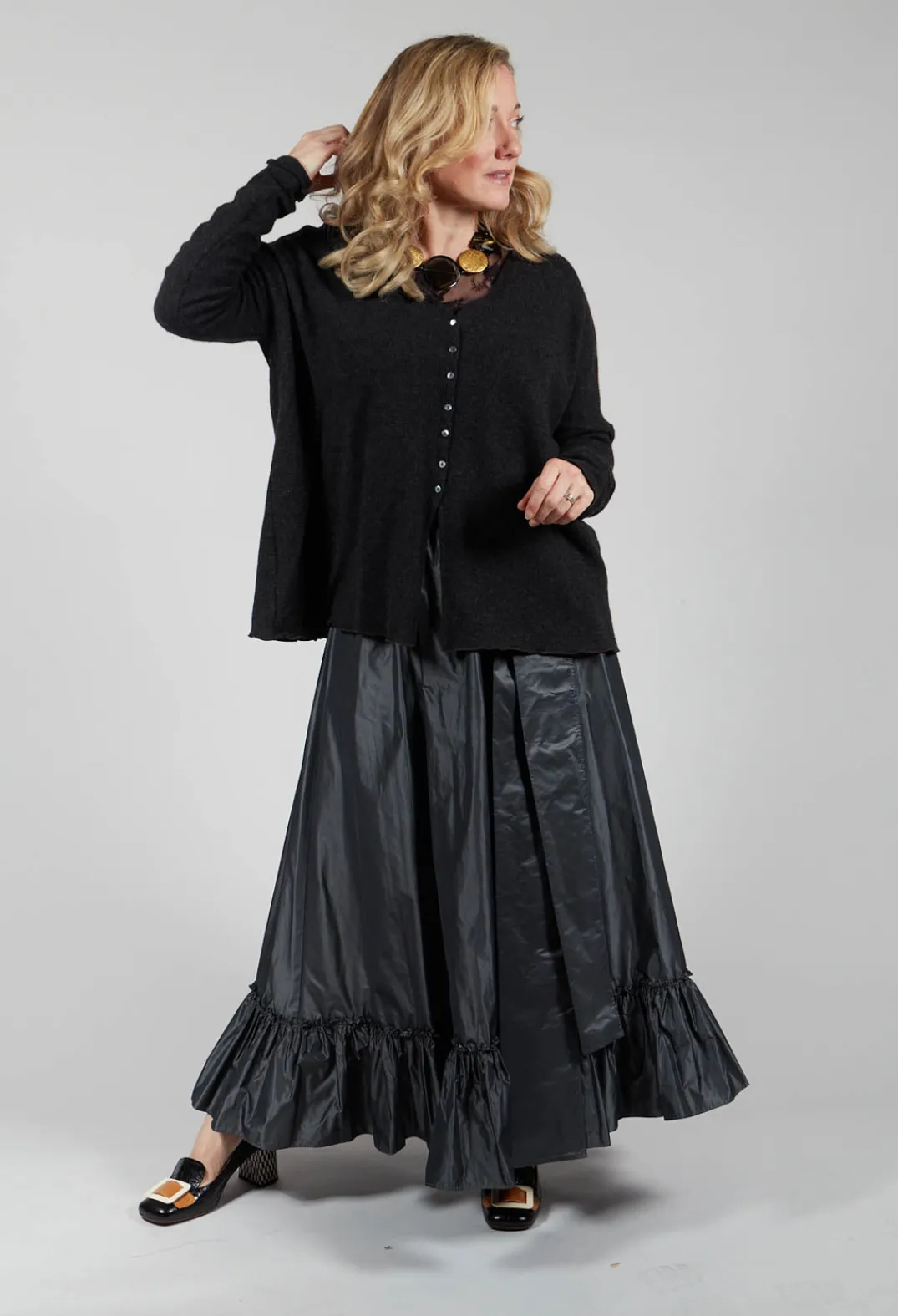 Beatrice B Skirts^Taffeta Frill Hem Skirt in Obsidian Grey