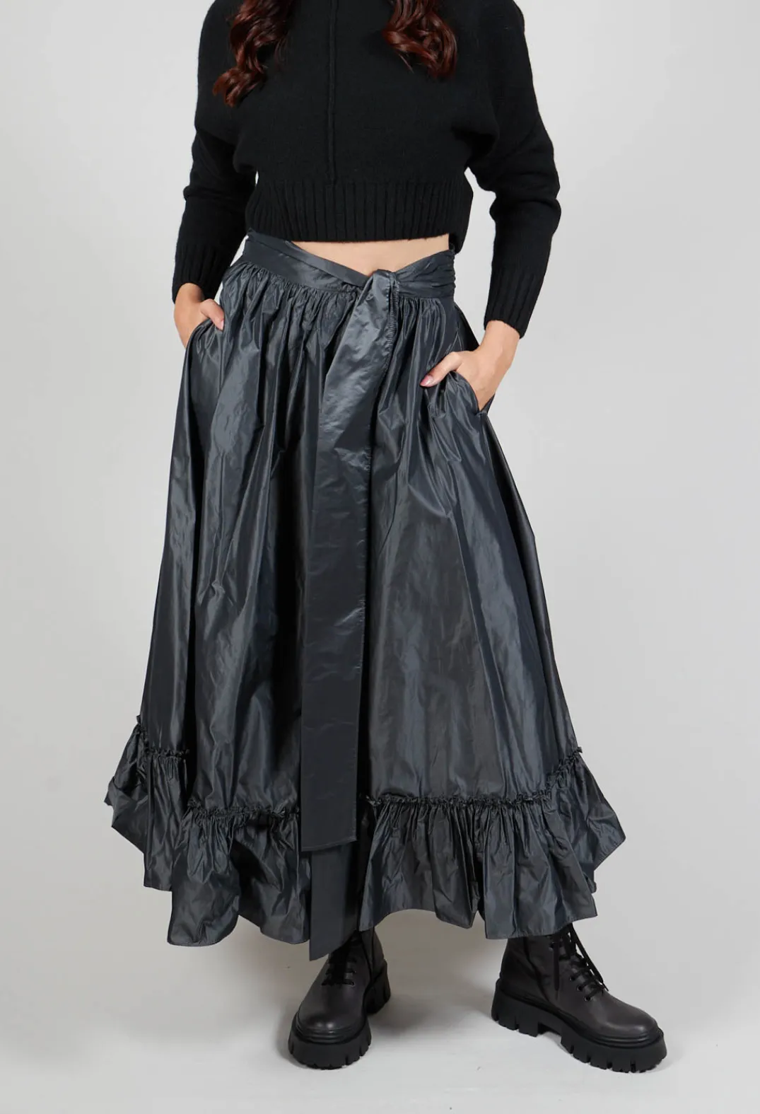 Beatrice B Skirts^Taffeta Frill Hem Skirt in Obsidian Grey