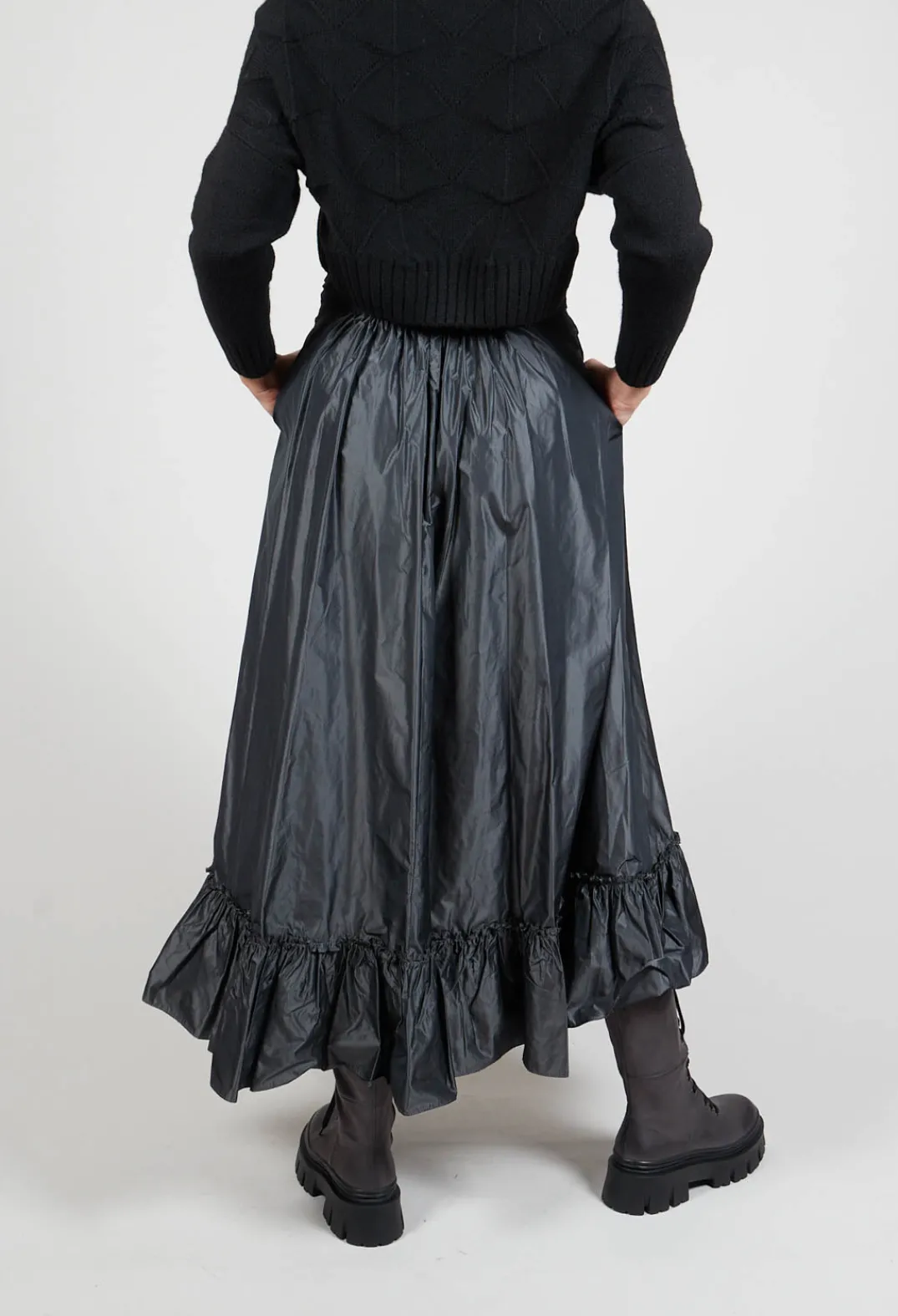 Beatrice B Skirts^Taffeta Frill Hem Skirt in Obsidian Grey