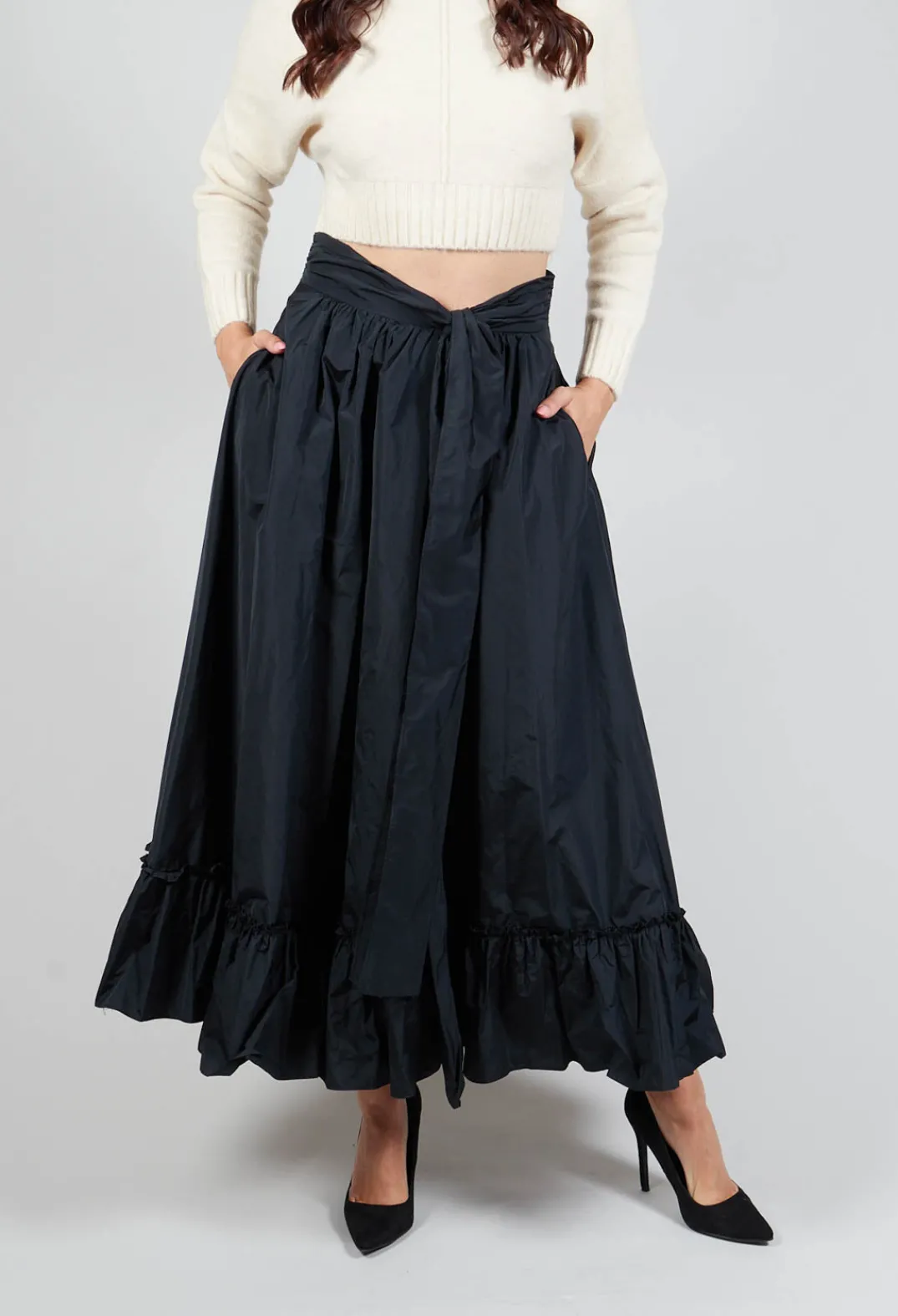 Beatrice B Skirts^Taffeta Frill Hem Skirt in Black