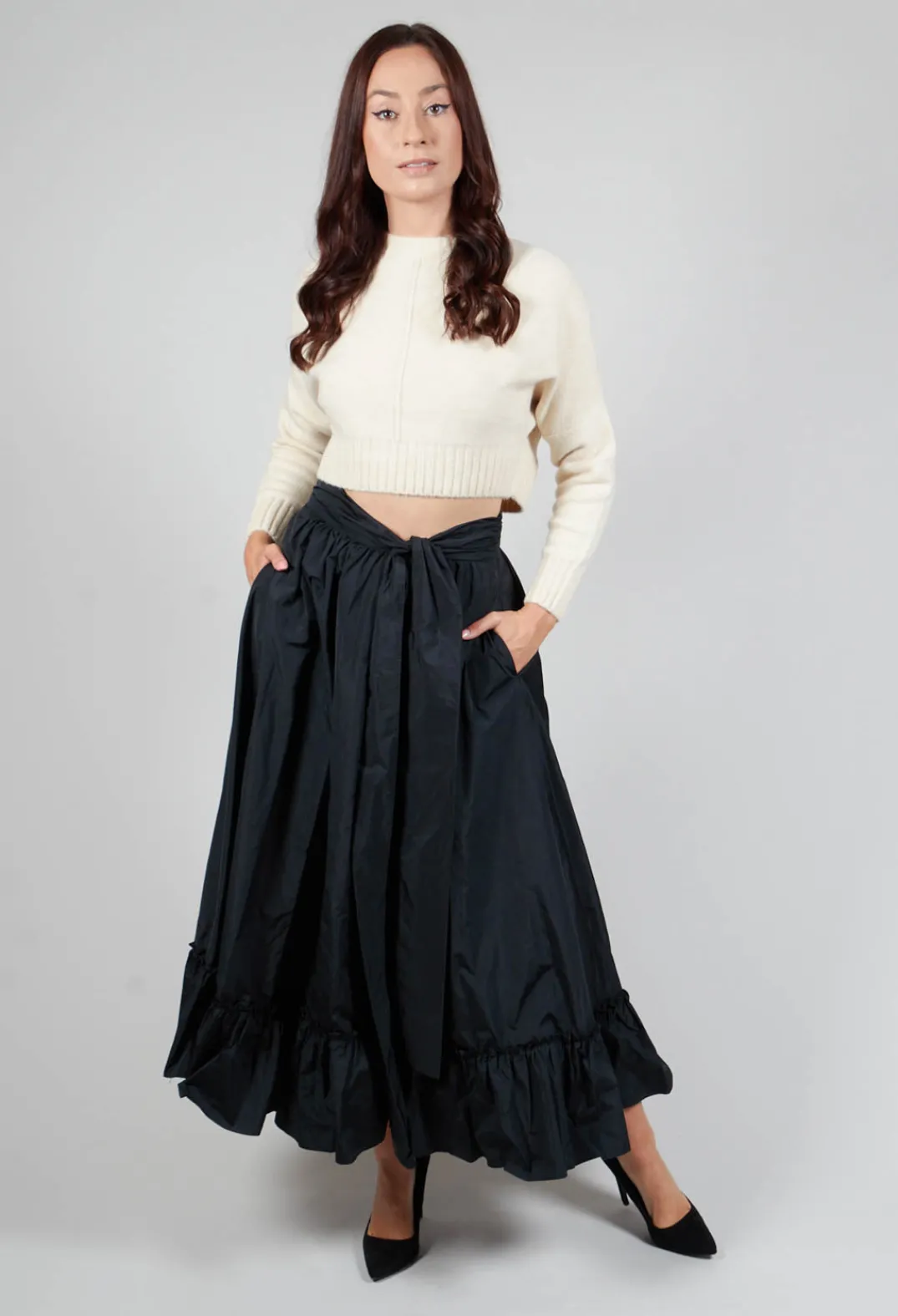 Beatrice B Skirts^Taffeta Frill Hem Skirt in Black