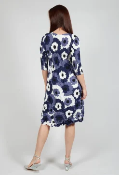 Alquema Dresses^Three Quarter Sleeve Smash Dress in Indigo Flower Spot