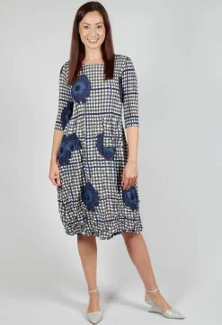 Alquema Dresses^Three Quarter Sleeve Smash Dress in Indigo Flower Check
