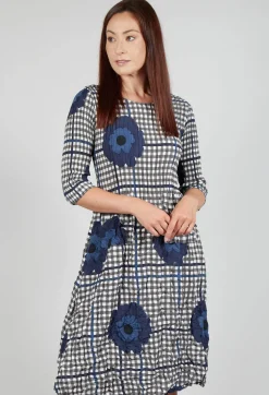 Alquema Dresses^Three Quarter Sleeve Smash Dress in Indigo Flower Check