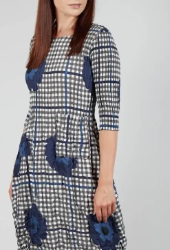 Alquema Dresses^Three Quarter Sleeve Smash Dress in Indigo Flower Check